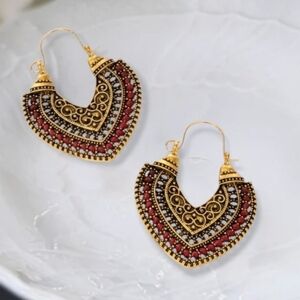 Gold and Red Boho Tassel Hoop Earrings